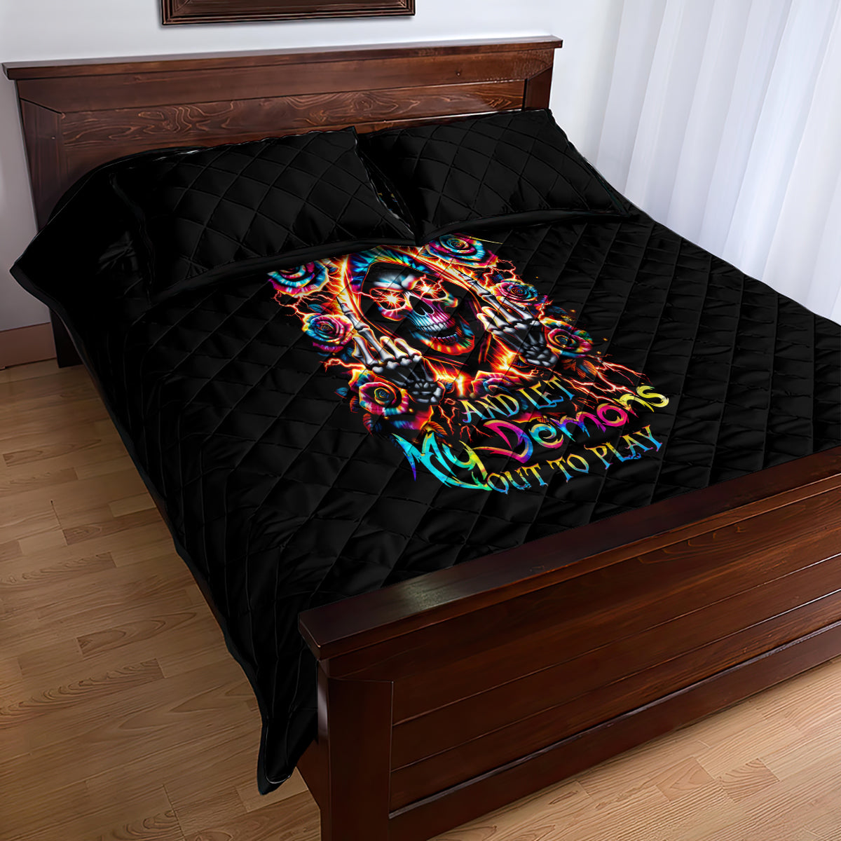 Flower Skull Quilt Bed Set One Day Say Fuck Itt All And Let My Demons Out - Wonder Print Shop