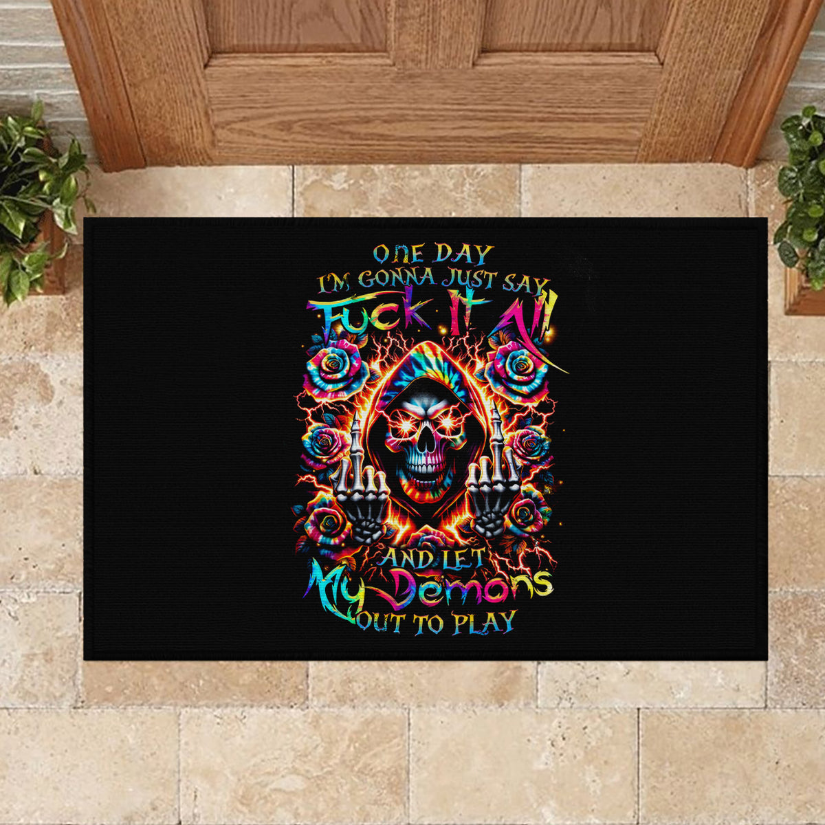 Flower Skull Rubber Doormat One Day Say Fuck Itt All And Let My Demons Out - Wonder Print Shop