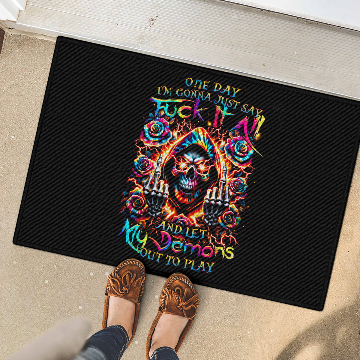 Flower Skull Rubber Doormat One Day Say Fuck Itt All And Let My Demons Out - Wonder Print Shop