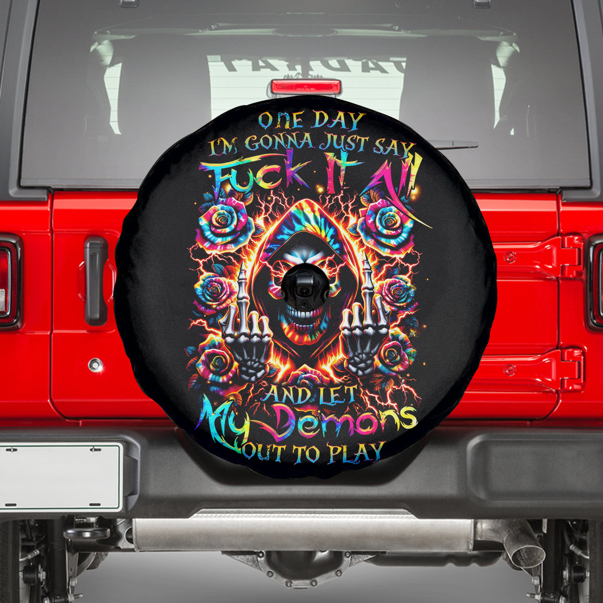 Flower Skull Spare Tire Cover One Day Say Fuck Itt All And Let My Demons Out - Wonder Print Shop