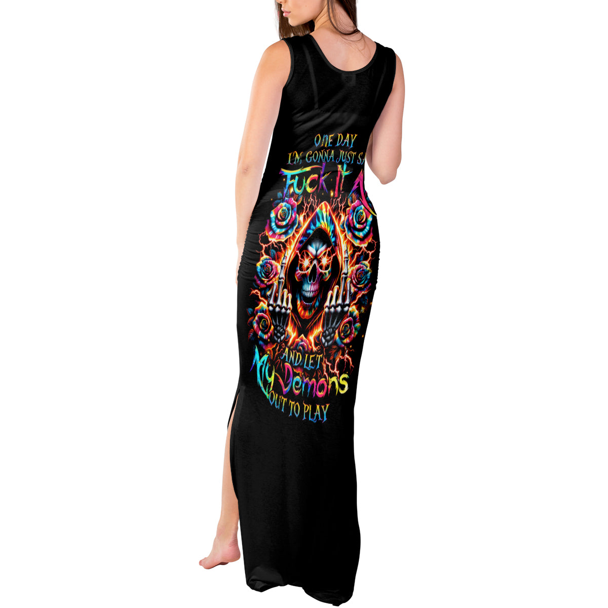 Flower Skull Tank Maxi Dress One Day Say Fuck Itt All And Let My Demons Out - Wonder Print Shop