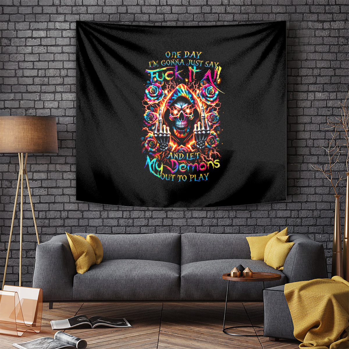 Flower Skull Tapestry One Day Say Fuck Itt All And Let My Demons Out - Wonder Print Shop