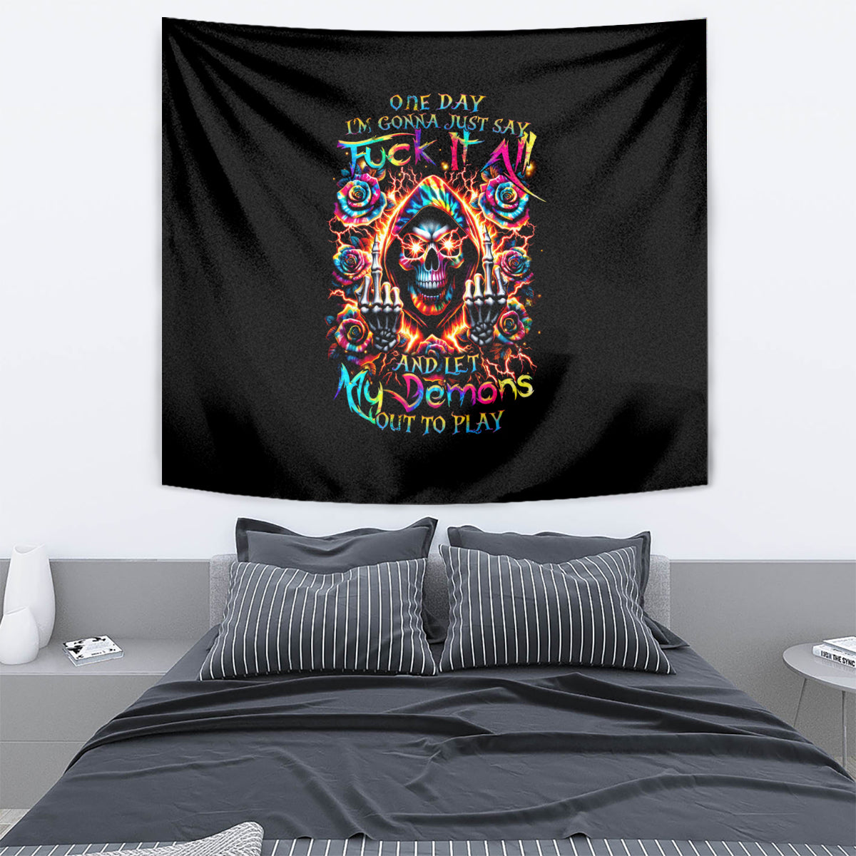 Flower Skull Tapestry One Day Say Fuck Itt All And Let My Demons Out - Wonder Print Shop