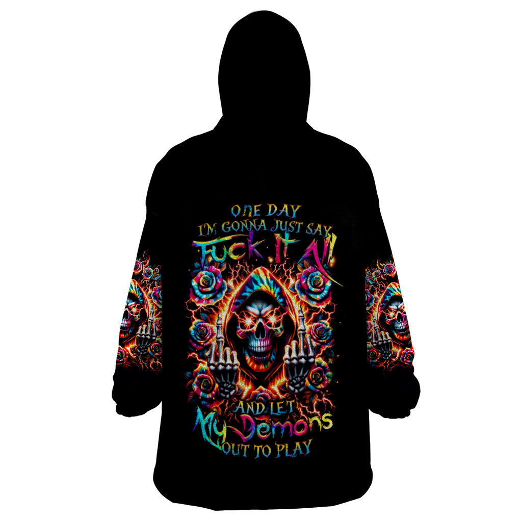 Flower Skull Wearable Blanket Hoodie One Day Say Fuck Itt All And Let My Demons Out - Wonder Print Shop
