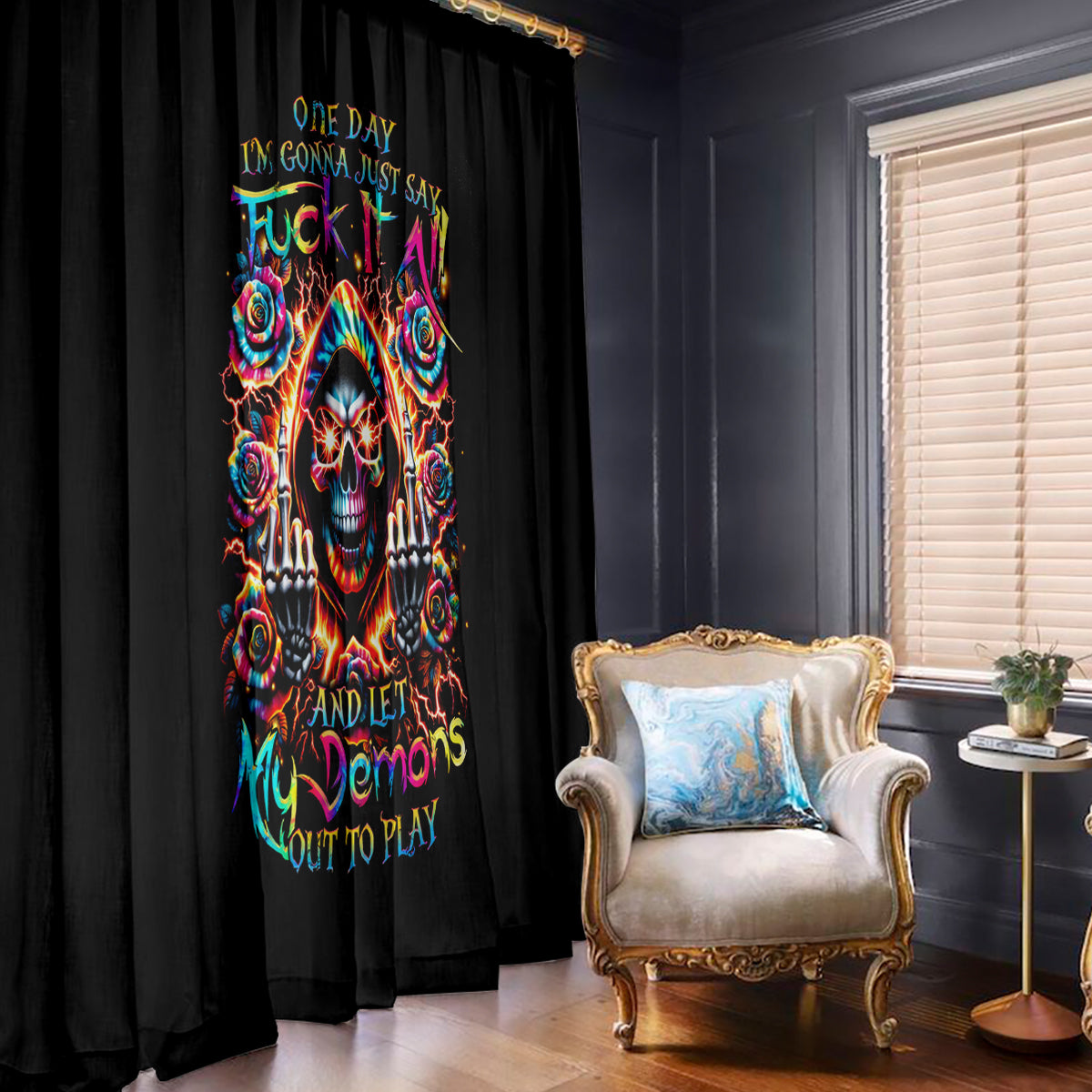 Flower Skull Window Curtain One Day Say Fuck Itt All And Let My Demons Out - Wonder Print Shop