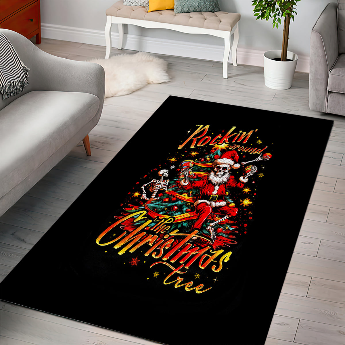 Skeleton Santa Claus Area Rug Rockin' Around The Christmas Tree - Wonder Print Shop