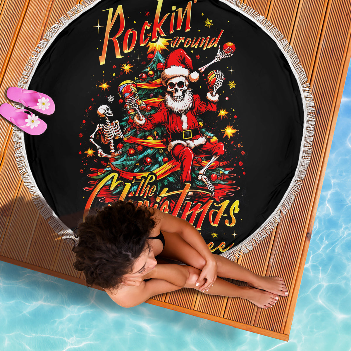 Skeleton Santa Claus Beach Blanket Rockin' Around The Christmas Tree - Wonder Print Shop
