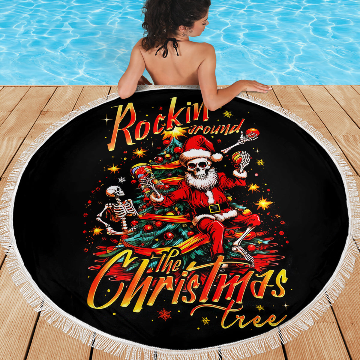 Skeleton Santa Claus Beach Blanket Rockin' Around The Christmas Tree - Wonder Print Shop