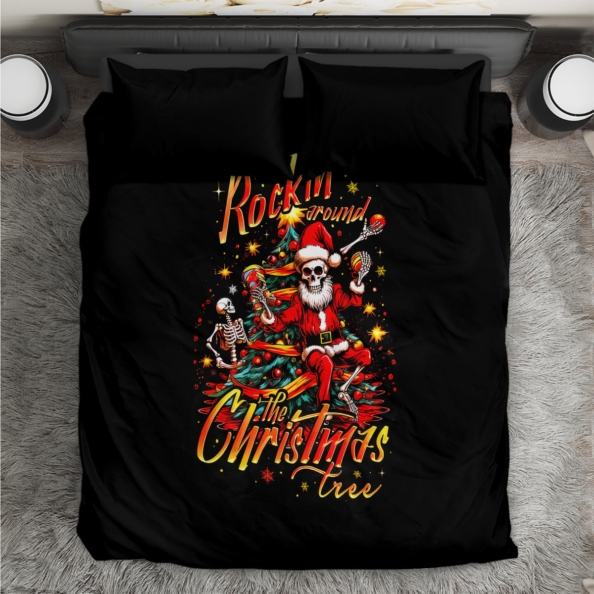 Skeleton Santa Claus Bedding Set Rockin' Around The Christmas Tree - Wonder Print Shop