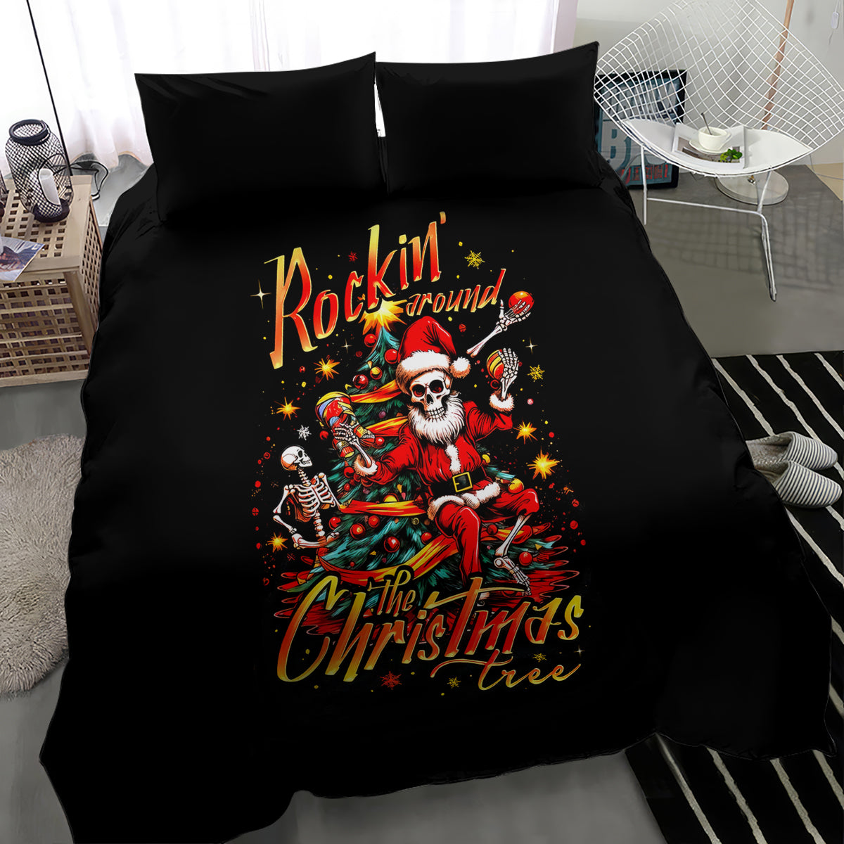 Skeleton Santa Claus Bedding Set Rockin' Around The Christmas Tree - Wonder Print Shop