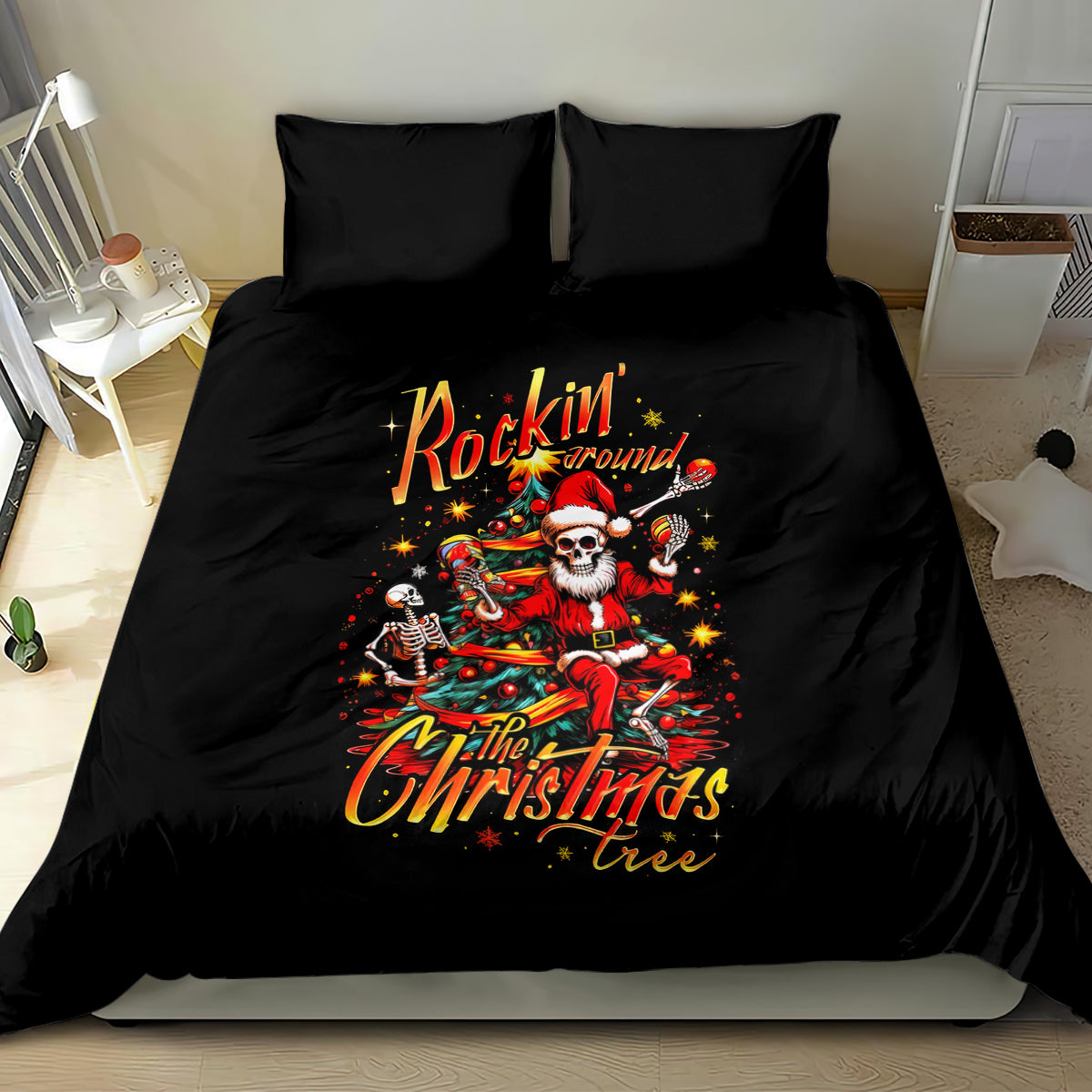 Skeleton Santa Claus Bedding Set Rockin' Around The Christmas Tree - Wonder Print Shop