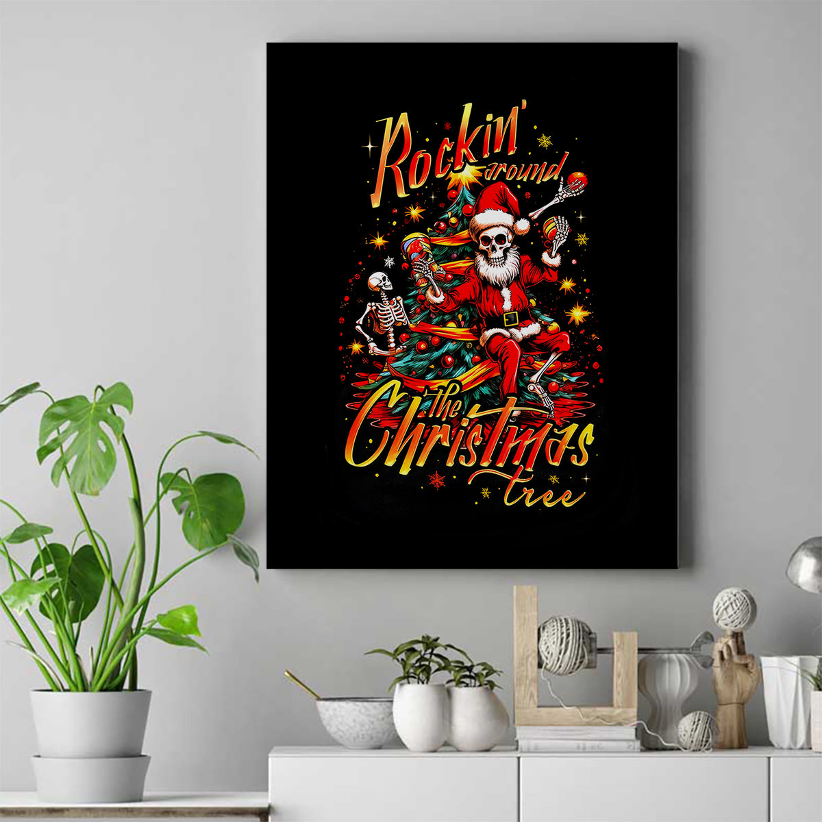 Skeleton Santa Claus Canvas Wall Art Rockin' Around The Christmas Tree - Wonder Print Shop