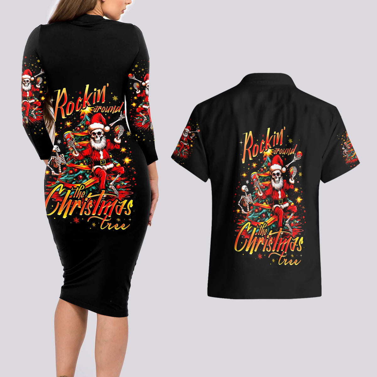 Skeleton Santa Claus Couples Matching Long Sleeve Bodycon Dress and Hawaiian Shirt Rockin' Around The Christmas Tree - Wonder Print Shop