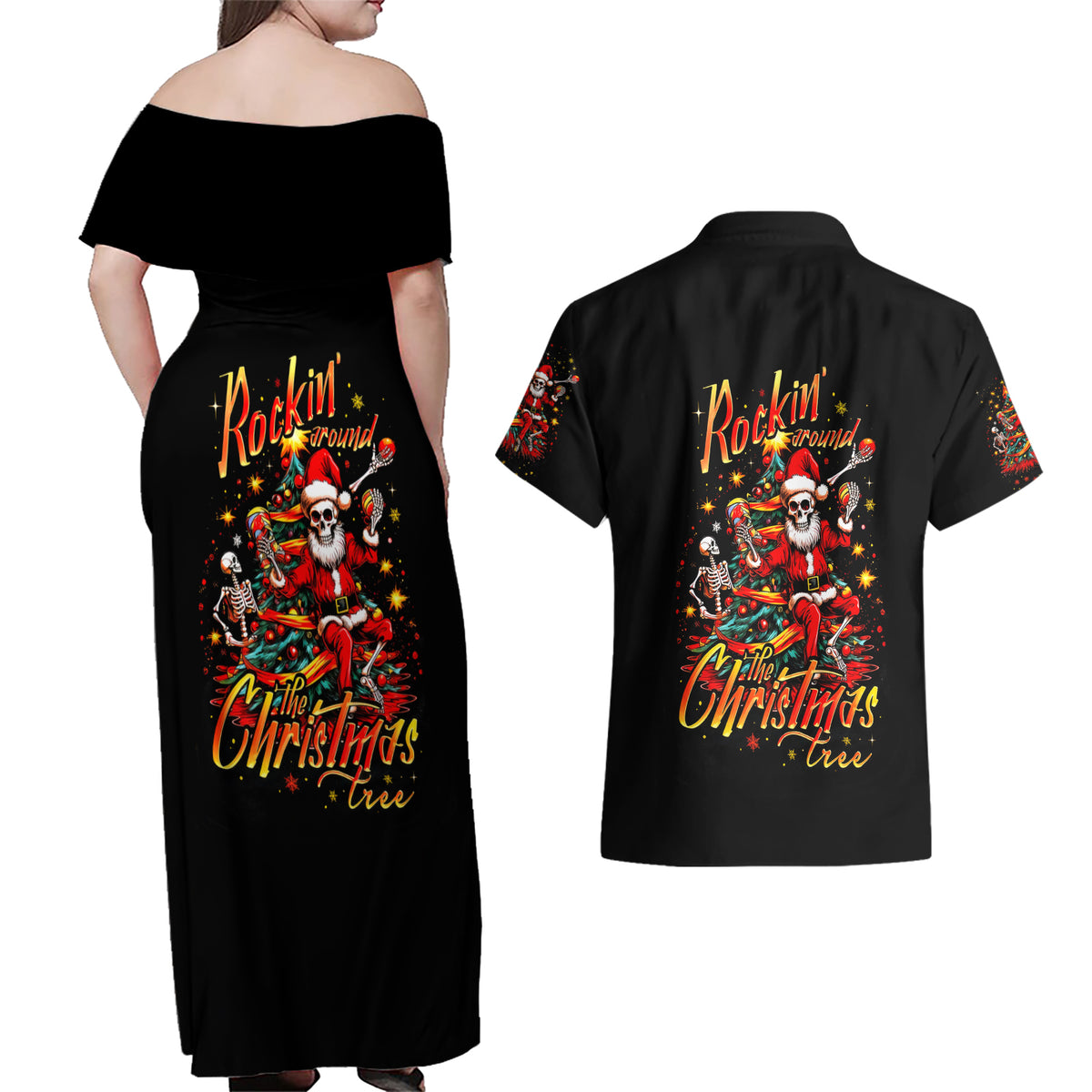 Skeleton Santa Claus Couples Matching Off Shoulder Maxi Dress and Hawaiian Shirt Rockin' Around The Christmas Tree - Wonder Print Shop