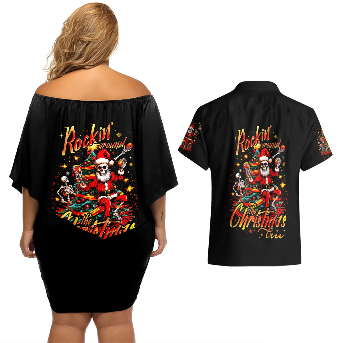 Skeleton Santa Claus Couples Matching Off Shoulder Short Dress and Hawaiian Shirt Rockin' Around The Christmas Tree - Wonder Print Shop
