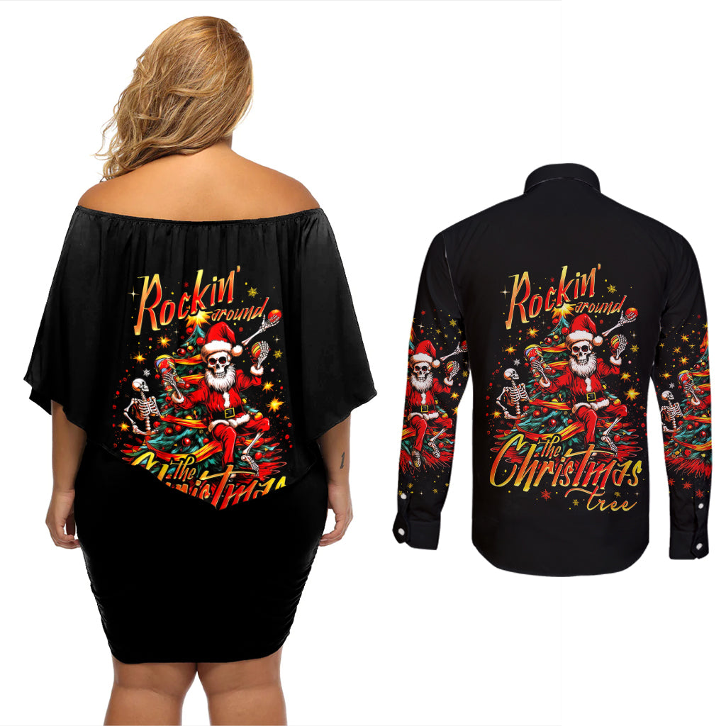 Skeleton Santa Claus Couples Matching Off Shoulder Short Dress and Long Sleeve Button Shirt Rockin' Around The Christmas Tree - Wonder Print Shop