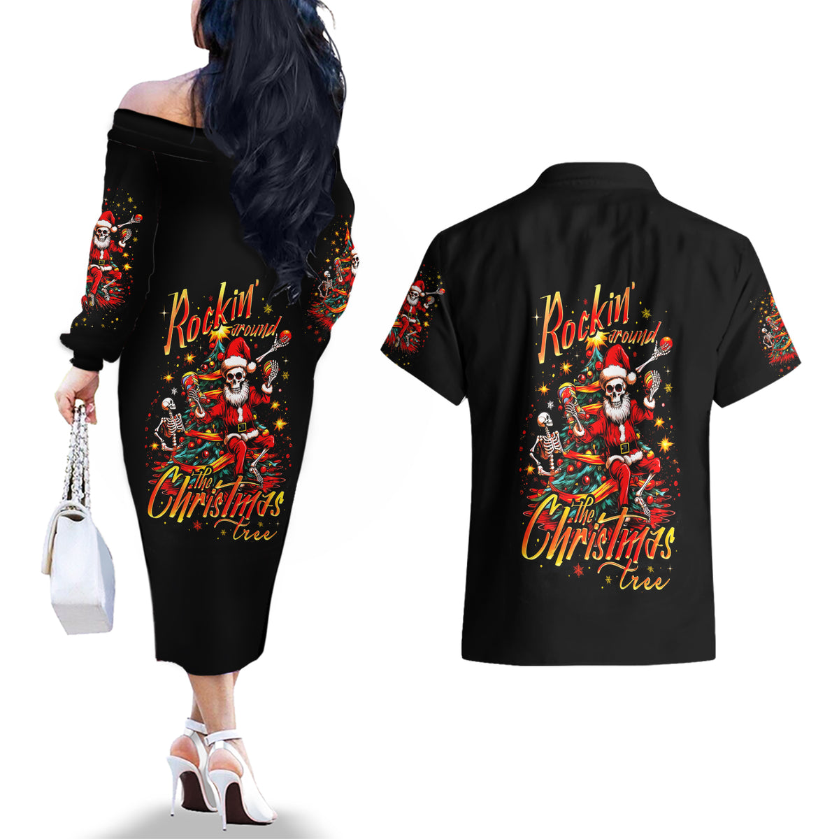 Skeleton Santa Claus Couples Matching Off The Shoulder Long Sleeve Dress and Hawaiian Shirt Rockin' Around The Christmas Tree - Wonder Print Shop