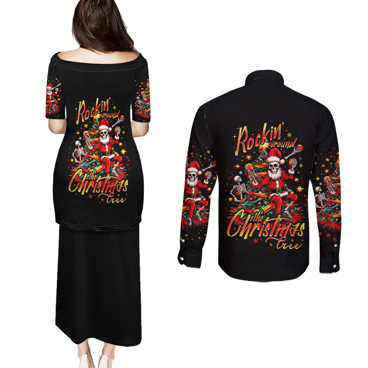 Skeleton Santa Claus Couples Matching Puletasi Dress and Long Sleeve Button Shirt Rockin' Around The Christmas Tree - Wonder Print Shop