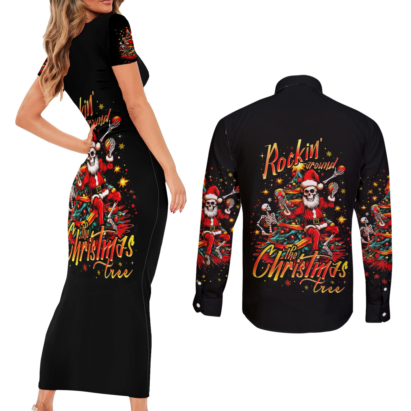 Skeleton Santa Claus Couples Matching Short Sleeve Bodycon Dress and Long Sleeve Button Shirt Rockin' Around The Christmas Tree - Wonder Print Shop