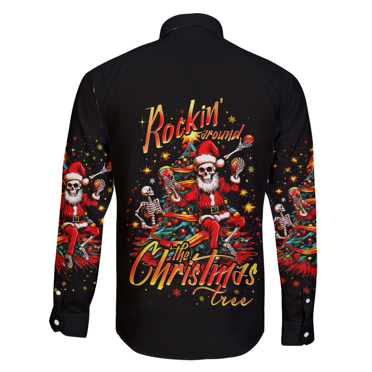 Skeleton Santa Claus Family Matching Long Sleeve Bodycon Dress and Hawaiian Shirt Rockin' Around The Christmas Tree - Wonder Print Shop