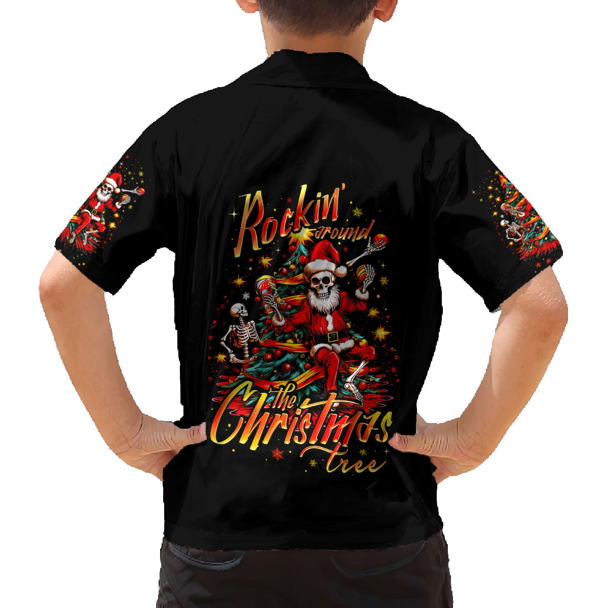 Skeleton Santa Claus Family Matching Off Shoulder Long Sleeve Dress and Hawaiian Shirt Rockin' Around The Christmas Tree - Wonder Print Shop