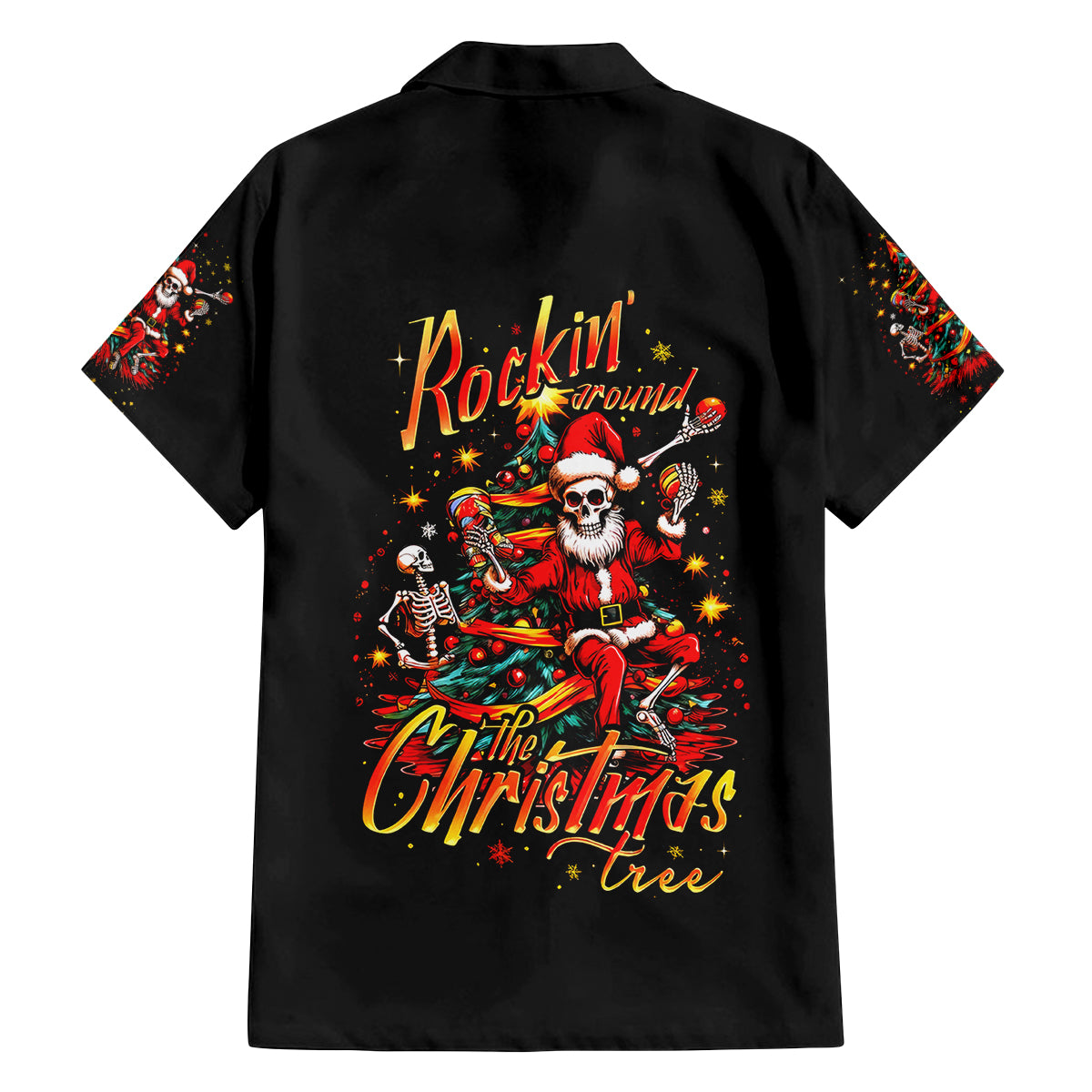 Skeleton Santa Claus Family Matching Off Shoulder Long Sleeve Dress and Hawaiian Shirt Rockin' Around The Christmas Tree - Wonder Print Shop