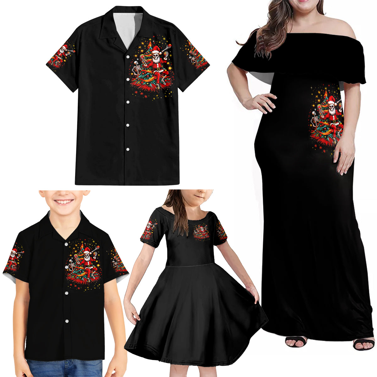 Skeleton Santa Claus Family Matching Off Shoulder Maxi Dress and Hawaiian Shirt Rockin' Around The Christmas Tree - Wonder Print Shop