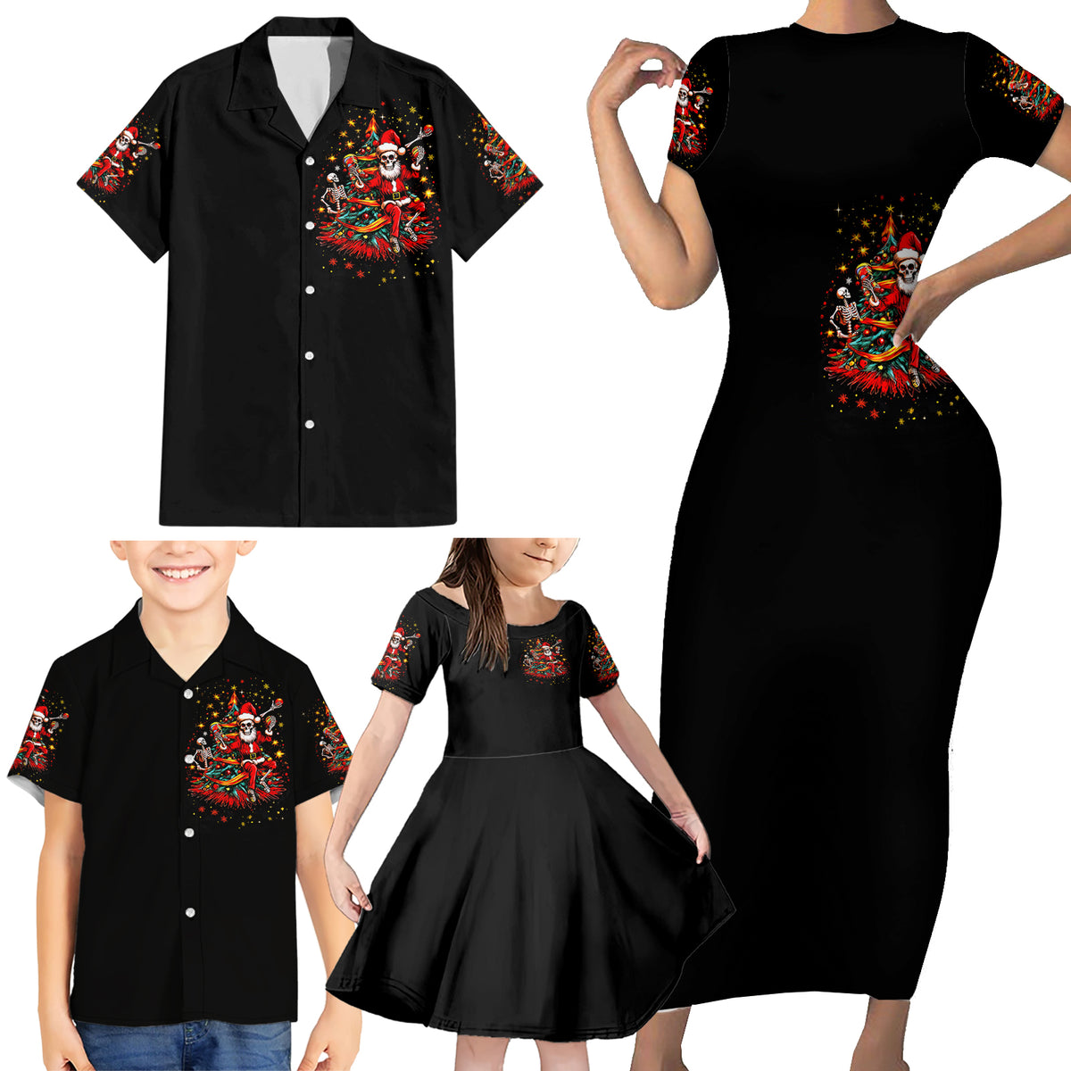 Skeleton Santa Claus Family Matching Short Sleeve Bodycon Dress and Hawaiian Shirt Rockin' Around The Christmas Tree - Wonder Print Shop