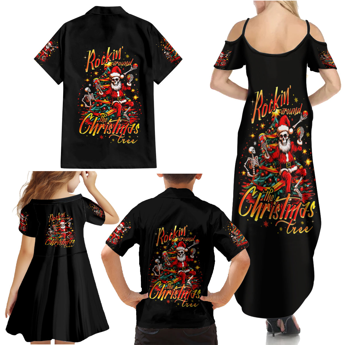 Skeleton Santa Claus Family Matching Summer Maxi Dress and Hawaiian Shirt Rockin' Around The Christmas Tree - Wonder Print Shop