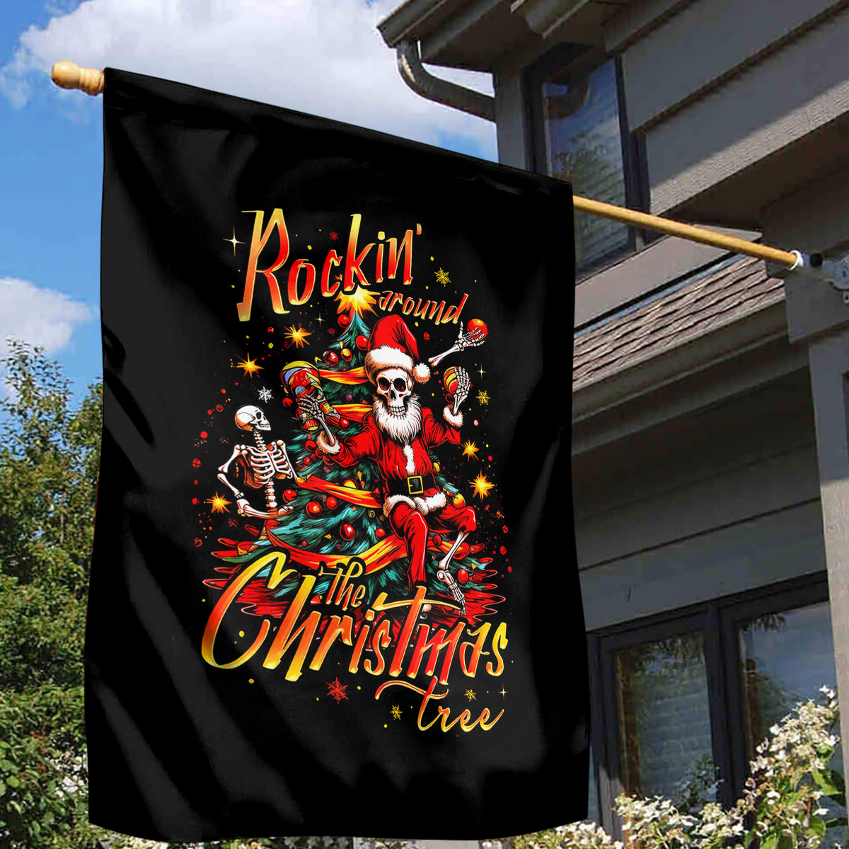 Skeleton Santa Claus Garden Flag Rockin' Around The Christmas Tree - Wonder Print Shop
