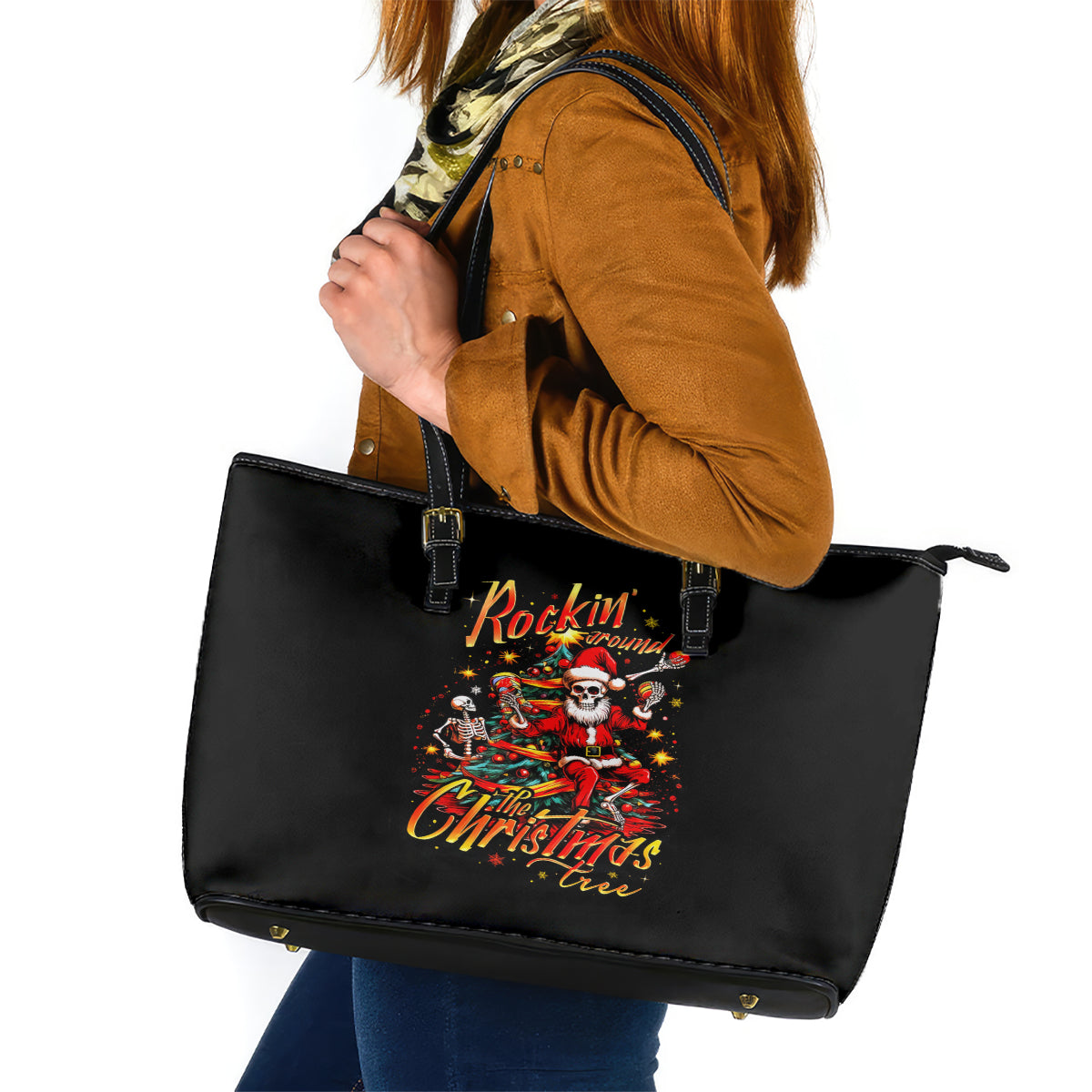 Skeleton Santa Claus Leather Tote Bag Rockin' Around The Christmas Tree - Wonder Print Shop