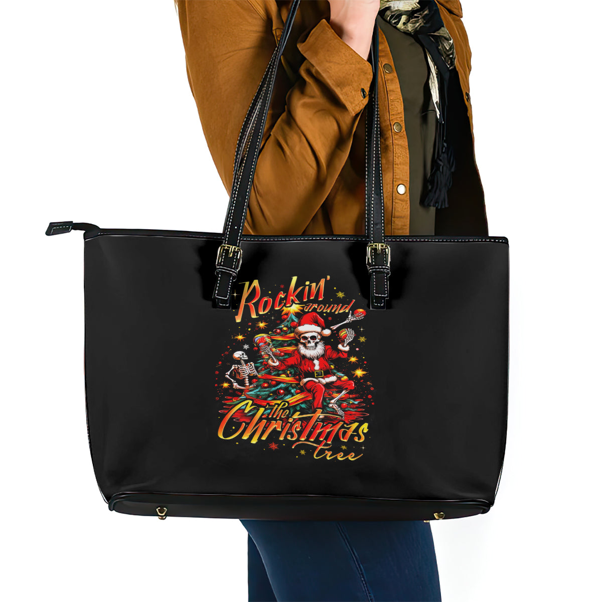 Skeleton Santa Claus Leather Tote Bag Rockin' Around The Christmas Tree - Wonder Print Shop