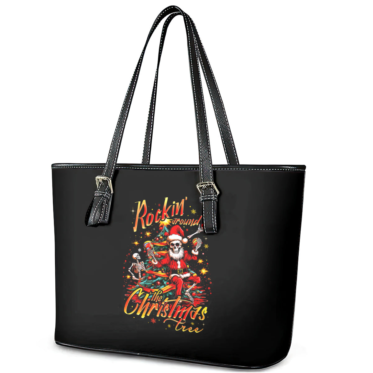 Skeleton Santa Claus Leather Tote Bag Rockin' Around The Christmas Tree - Wonder Print Shop