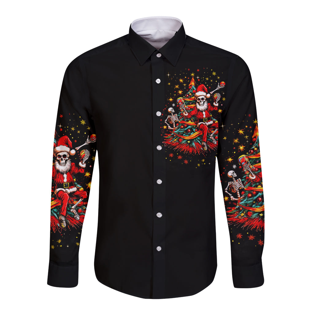 Skeleton Santa Claus Long Sleeve Button Shirt Rockin' Around The Christmas Tree - Wonder Print Shop