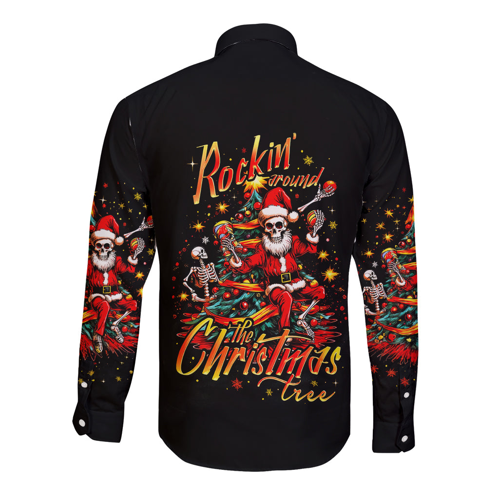 Skeleton Santa Claus Long Sleeve Button Shirt Rockin' Around The Christmas Tree - Wonder Print Shop