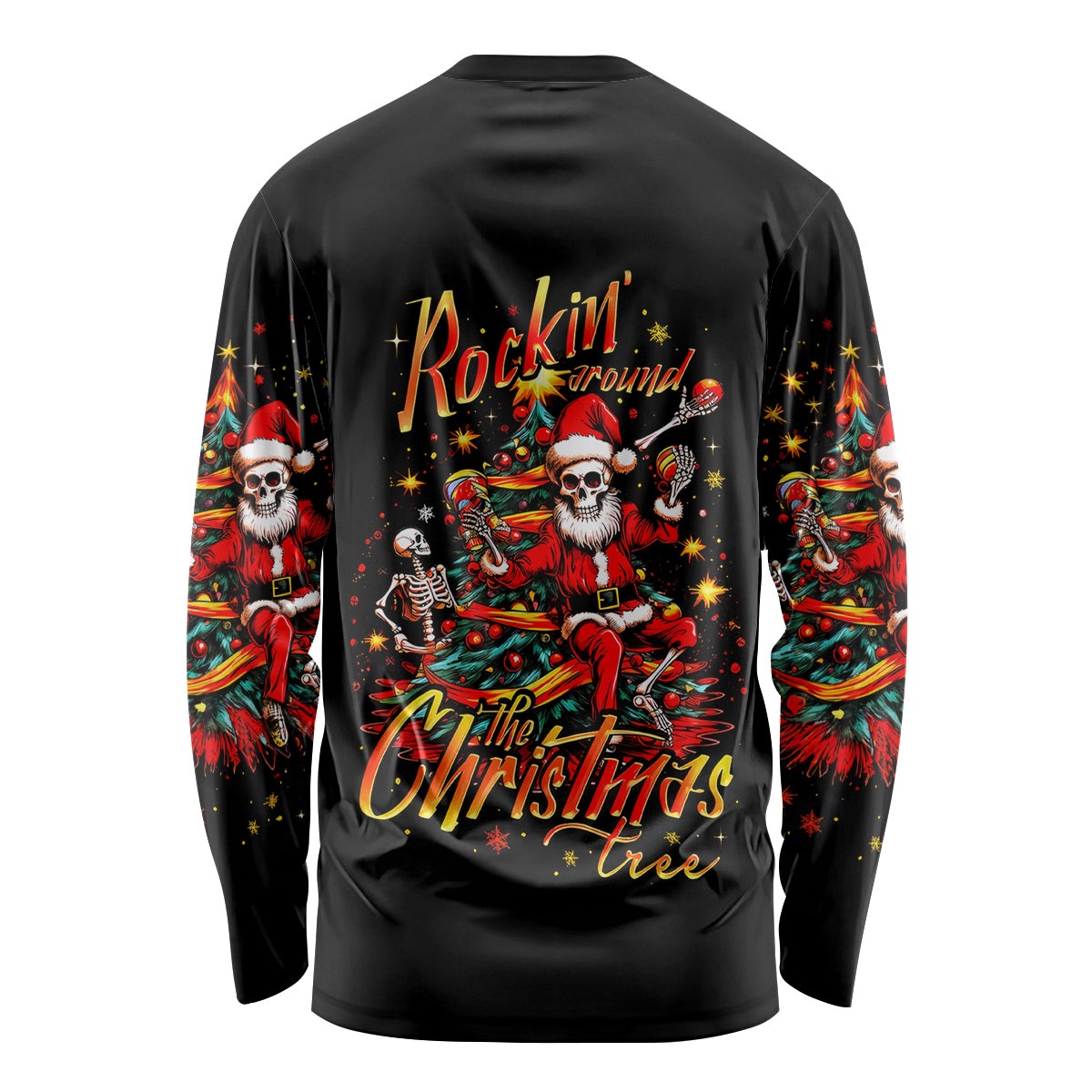 Skeleton Santa Claus Long Sleeve Shirt Rockin' Around The Christmas Tree - Wonder Print Shop