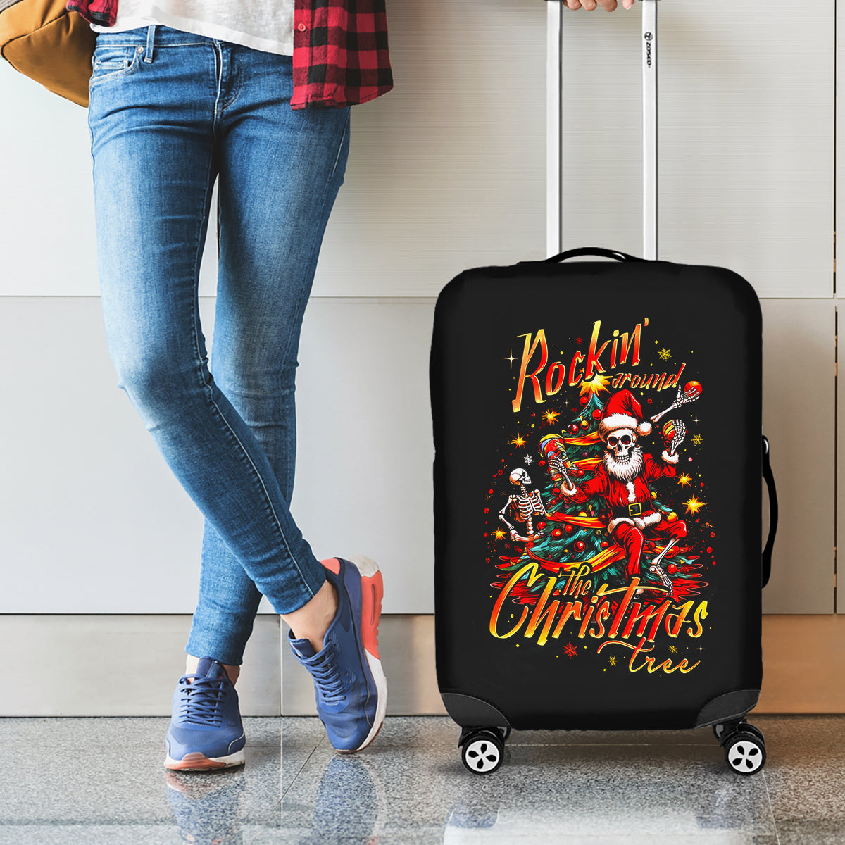 Skeleton Santa Claus Luggage Cover Rockin' Around The Christmas Tree - Wonder Print Shop