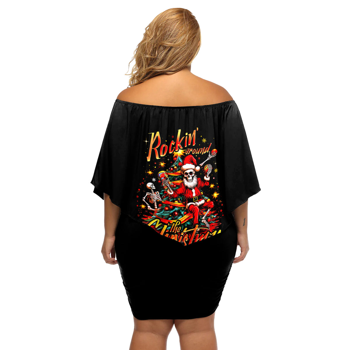 Skeleton Santa Claus Off Shoulder Short Dress Rockin' Around The Christmas Tree - Wonder Print Shop
