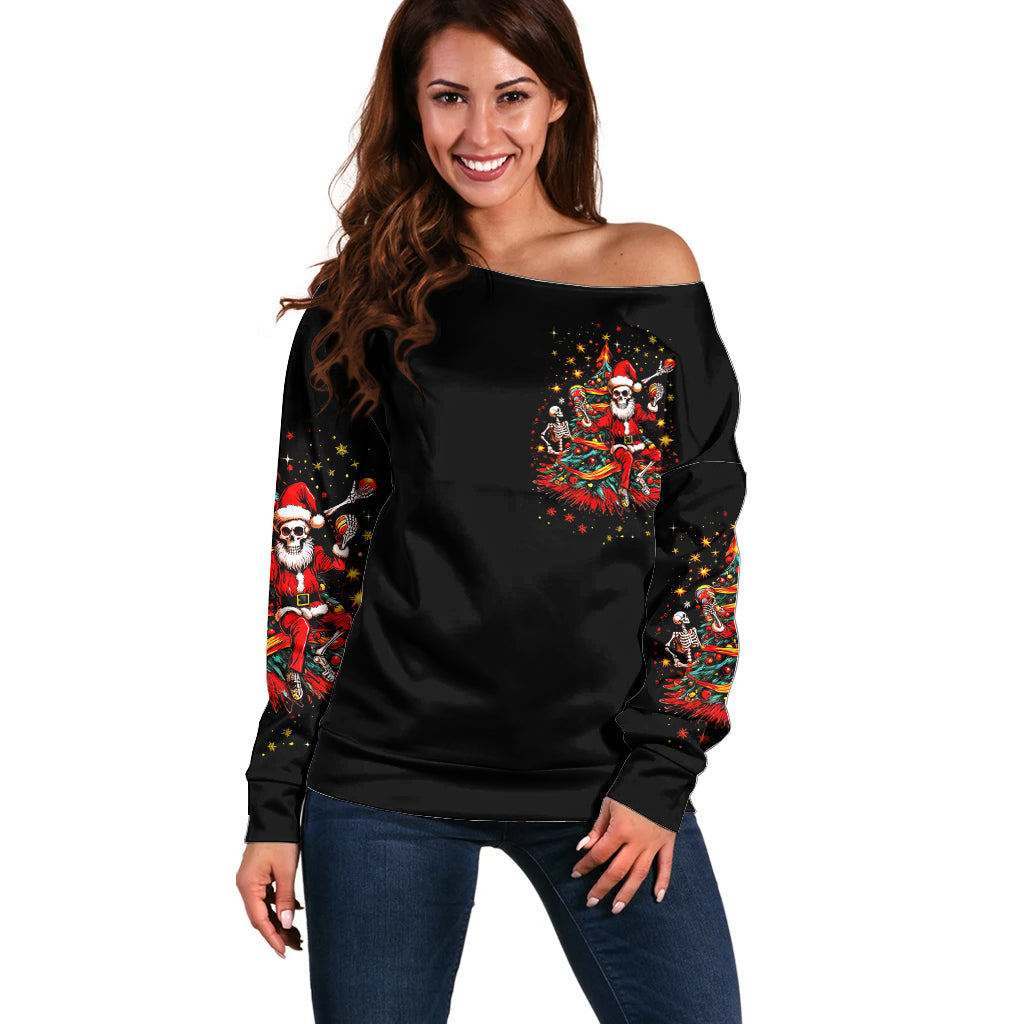 Skeleton Santa Claus Off Shoulder Sweater Rockin' Around The Christmas Tree - Wonder Print Shop