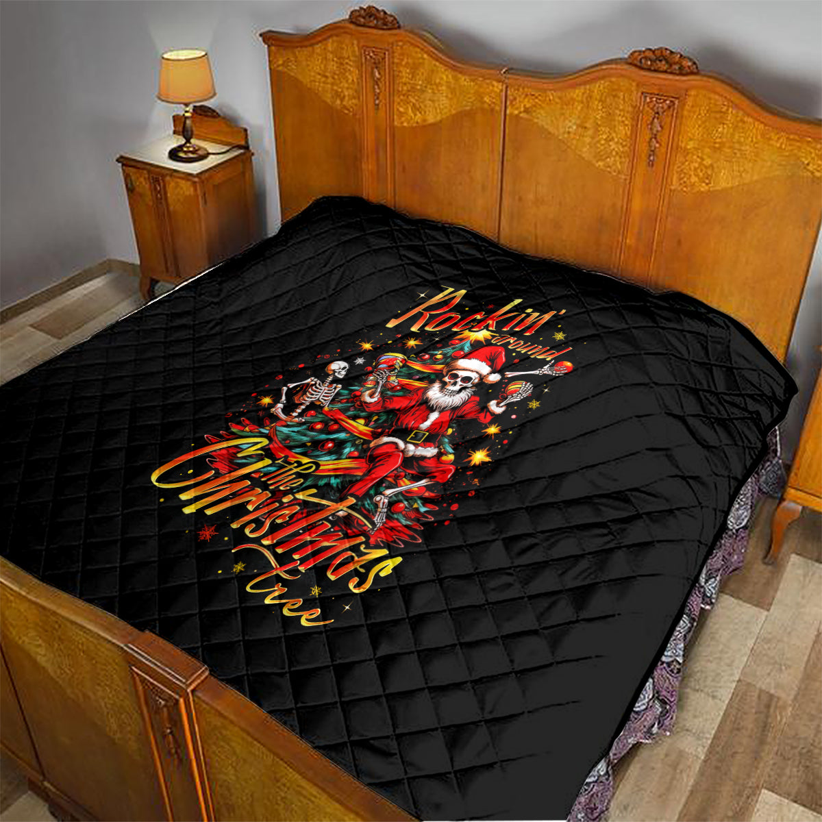 Skeleton Santa Claus Quilt Rockin' Around The Christmas Tree - Wonder Print Shop