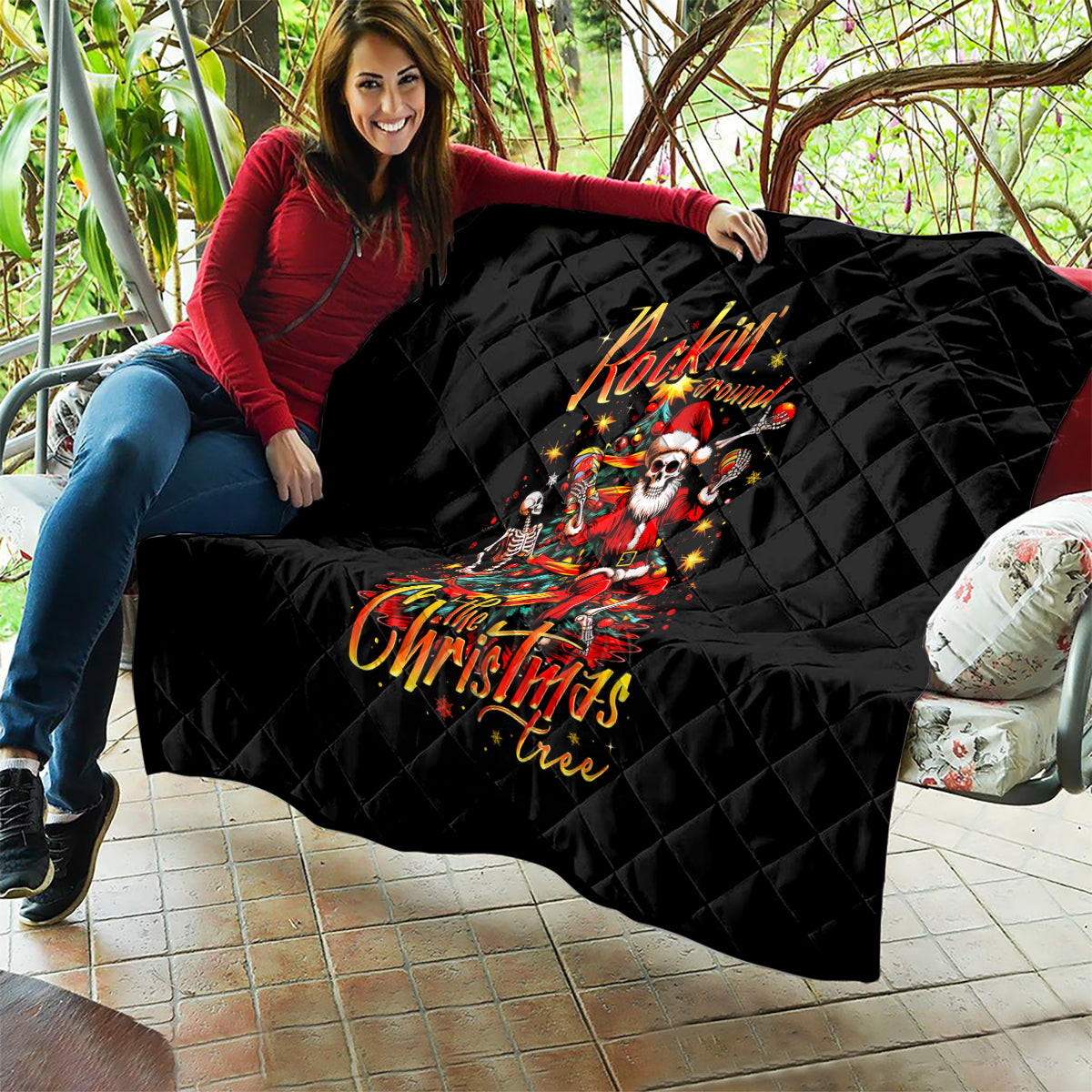 Skeleton Santa Claus Quilt Rockin' Around The Christmas Tree - Wonder Print Shop