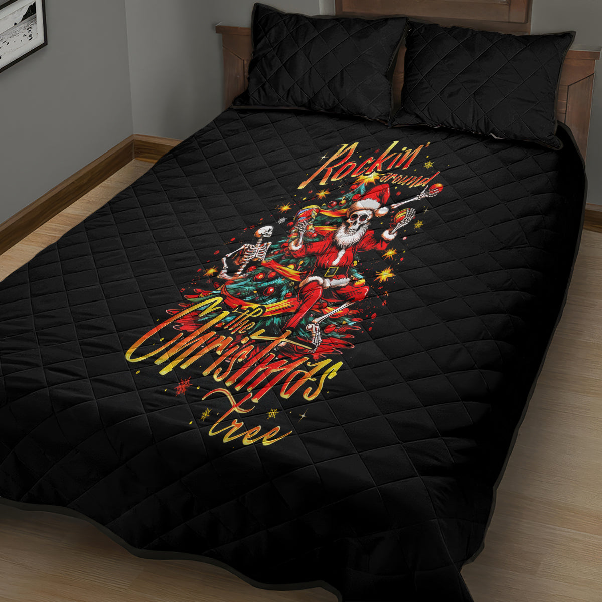 Skeleton Santa Claus Quilt Bed Set Rockin' Around The Christmas Tree - Wonder Print Shop