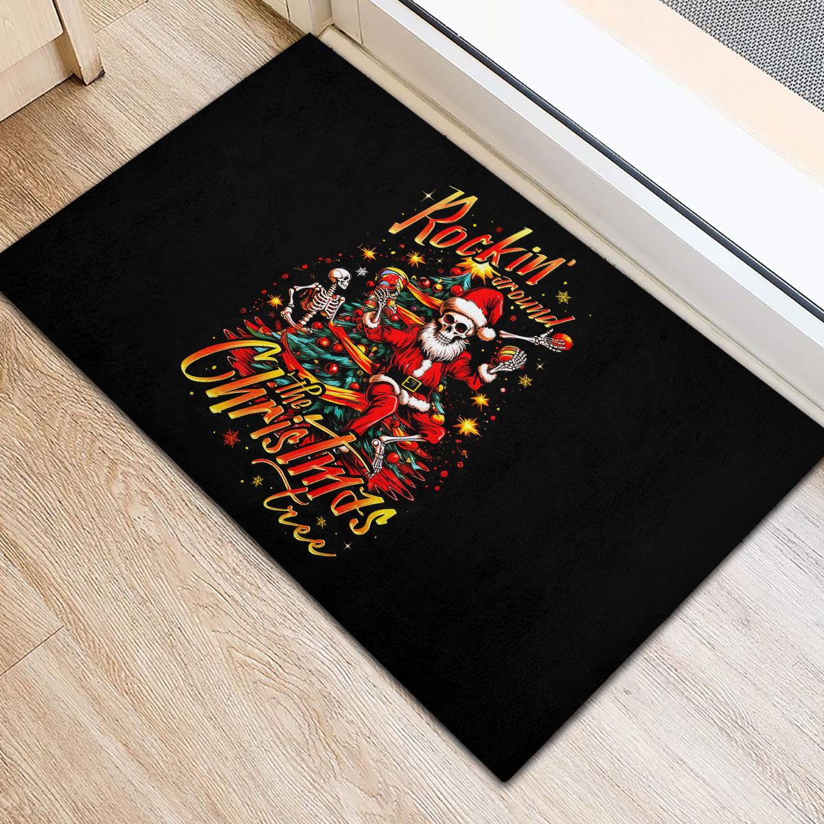 Skeleton Santa Claus Rubber Doormat Rockin' Around The Christmas Tree - Wonder Print Shop