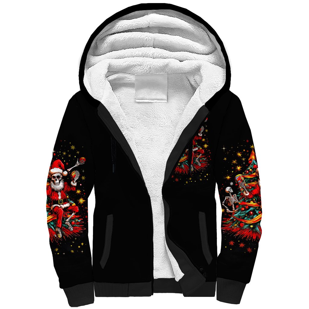 Skeleton Santa Claus Sherpa Hoodie Rockin' Around The Christmas Tree - Wonder Print Shop