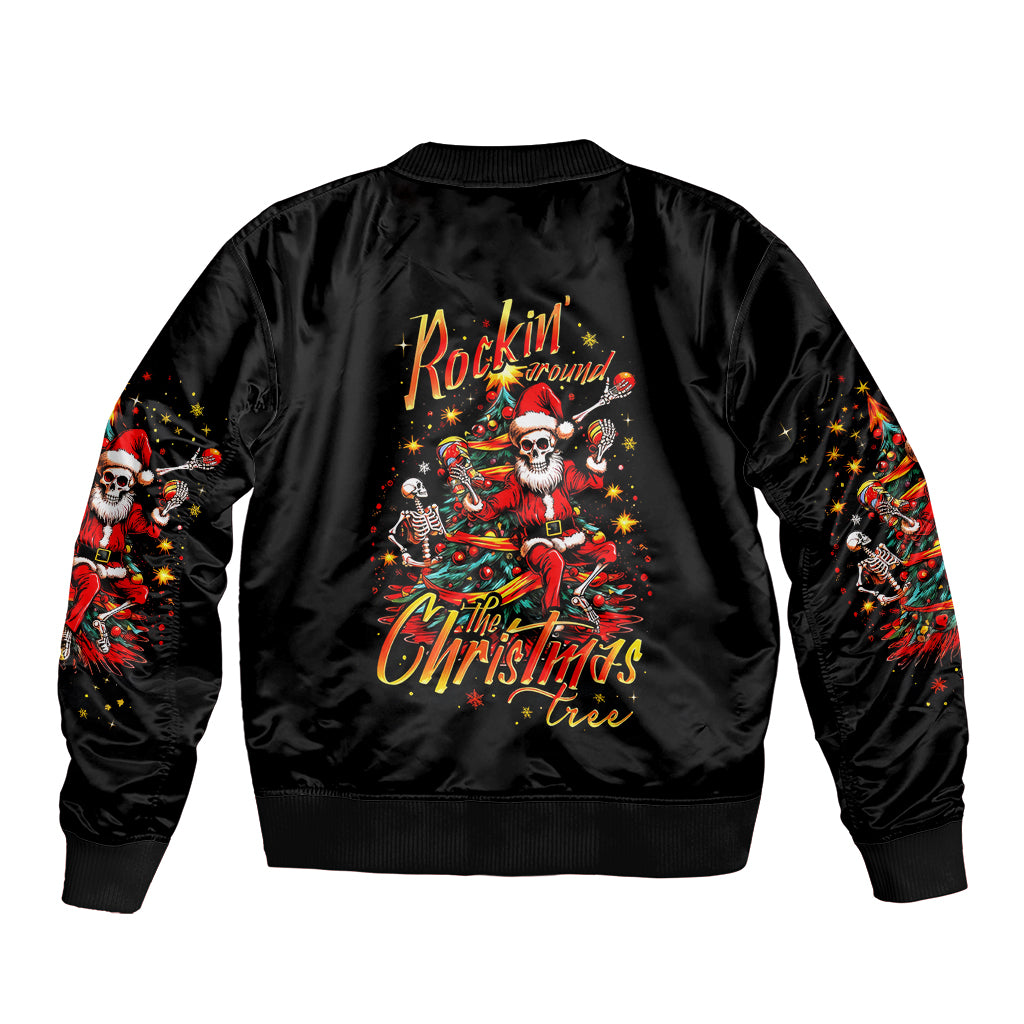 Skeleton Santa Claus Sleeve Zip Bomber Jacket Rockin' Around The Christmas Tree - Wonder Print Shop