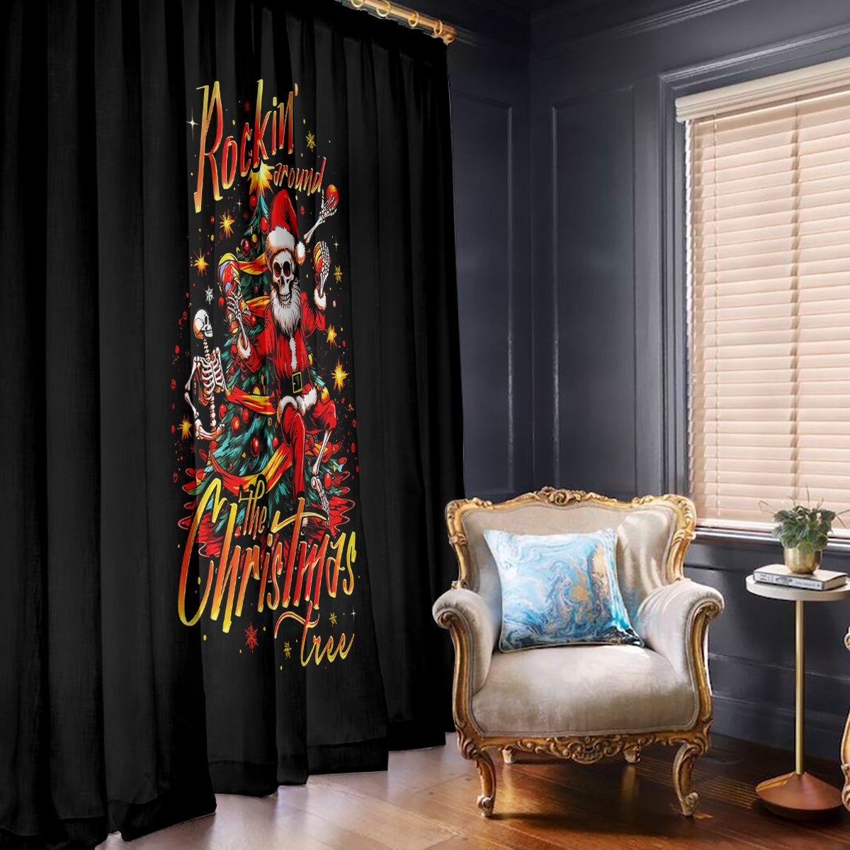 Skeleton Santa Claus Window Curtain Rockin' Around The Christmas Tree - Wonder Print Shop