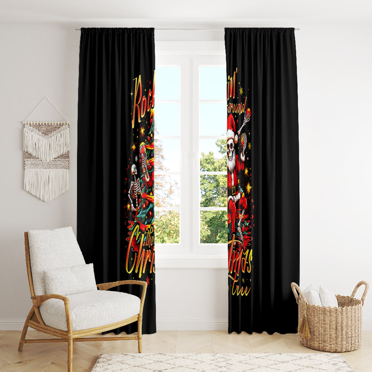 Skeleton Santa Claus Window Curtain Rockin' Around The Christmas Tree - Wonder Print Shop