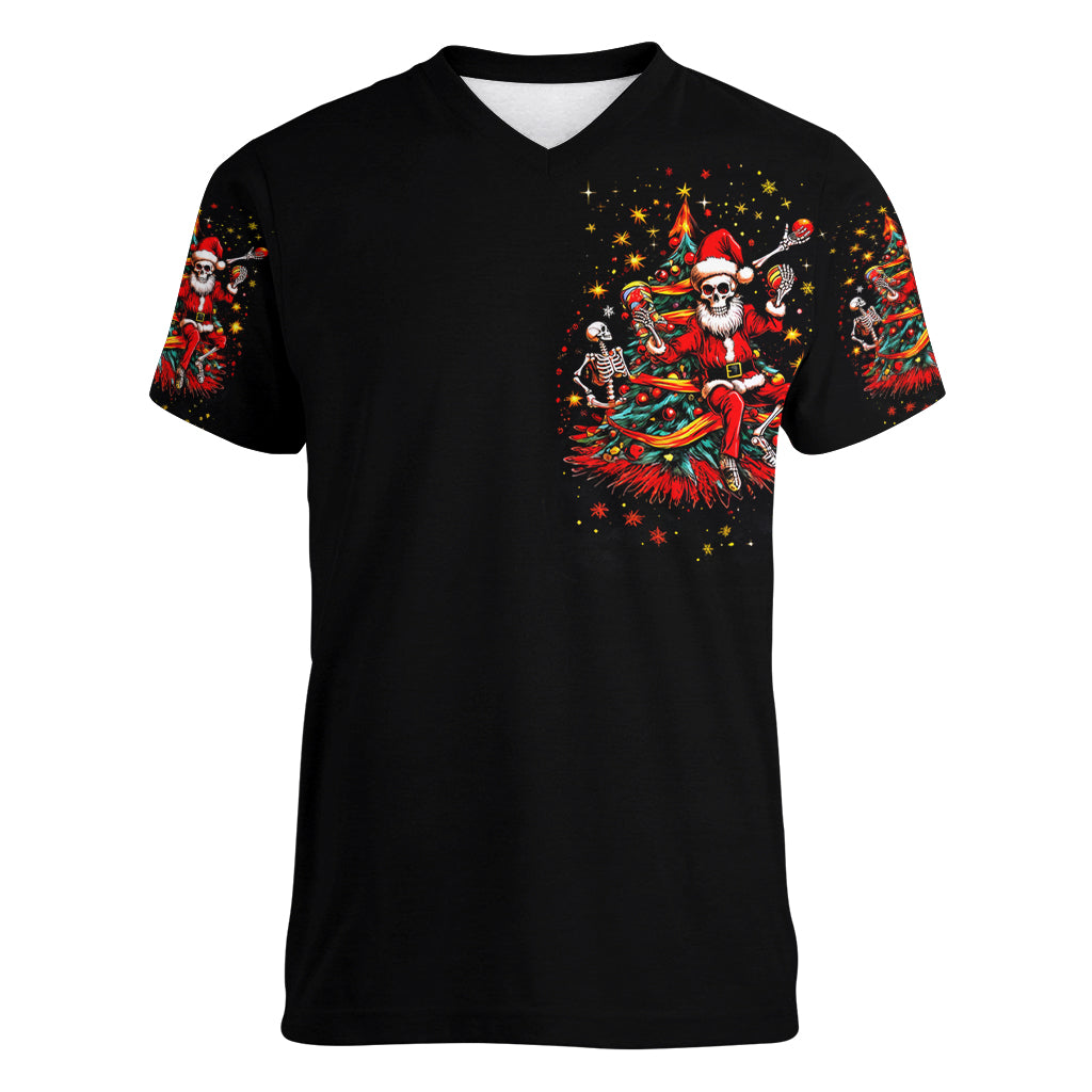Skeleton Santa Claus Women V Neck T Shirt Rockin' Around The Christmas Tree - Wonder Print Shop