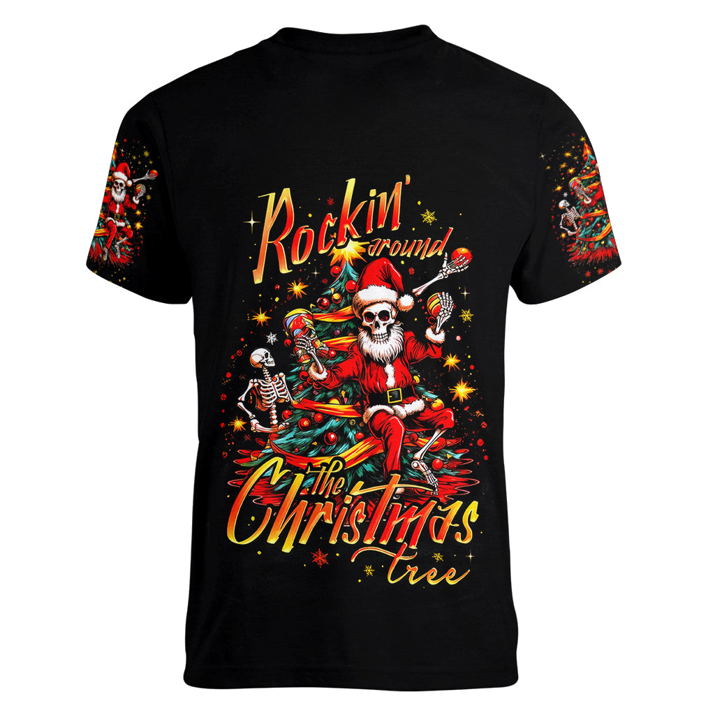 Skeleton Santa Claus Women V Neck T Shirt Rockin' Around The Christmas Tree - Wonder Print Shop