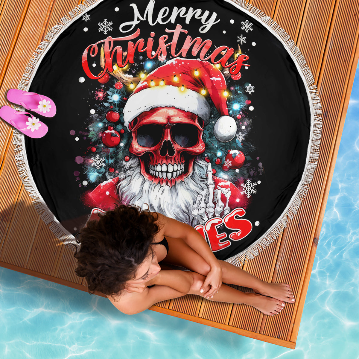 Skeleton Santa Claus Beach Blanket Merry Christmas Bitches - Wonder Print Shop